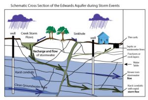Schematic cross section of the Edwards Aquifer during storm events